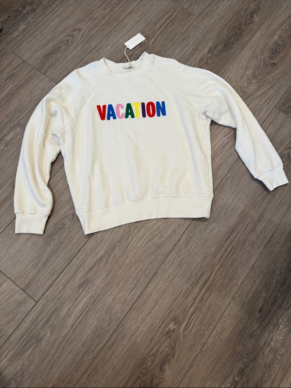 Z Supply White Crewneck Sweater with Multicolor VACATION Embroidery